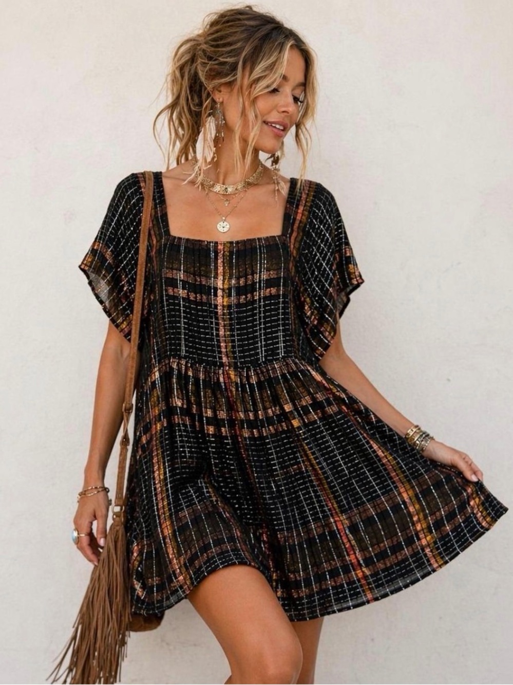 Free People Barcelona plaid mini dress